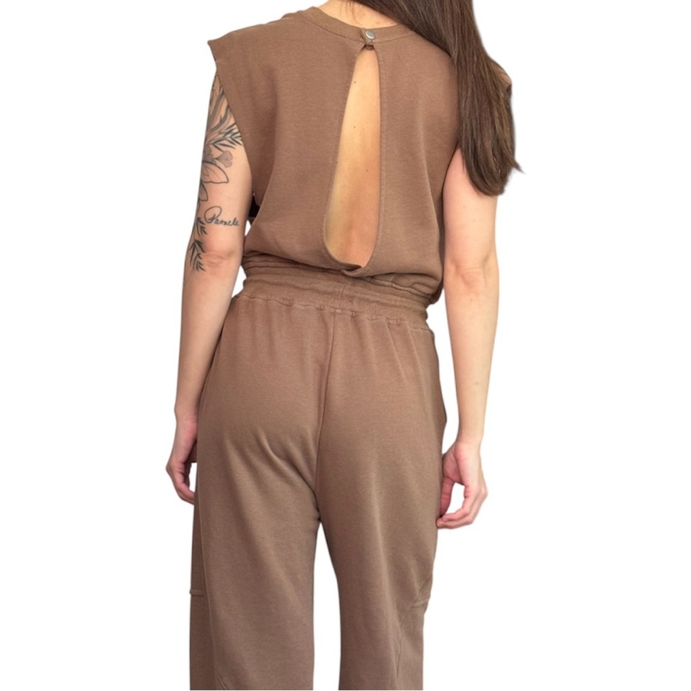 Mocha Brown Open Back Lounge Jumpsuit Sleeveless Drawstring Jogger Wide Leg Sm - Picture 3 of 10